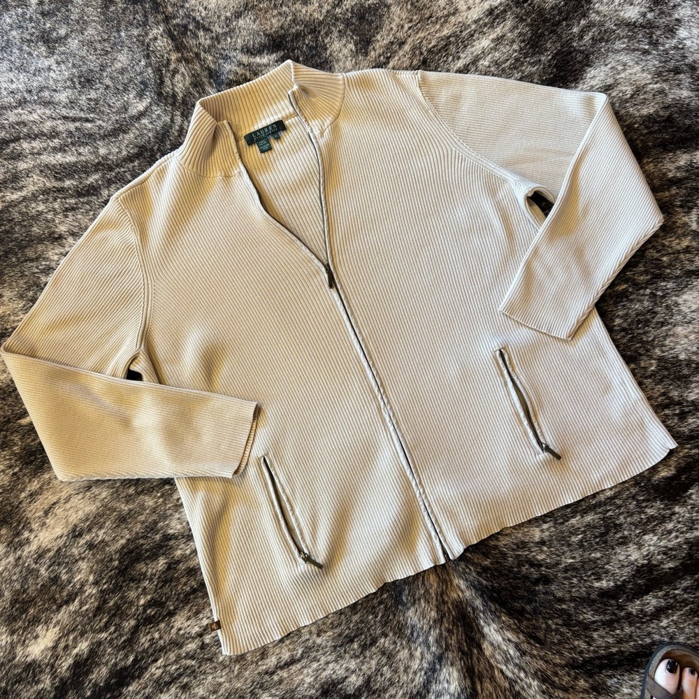 Lauren Ralph Lauren Cream Zip Up Jacket, 100% Cotton, Heavy Ribbed, Size 2X